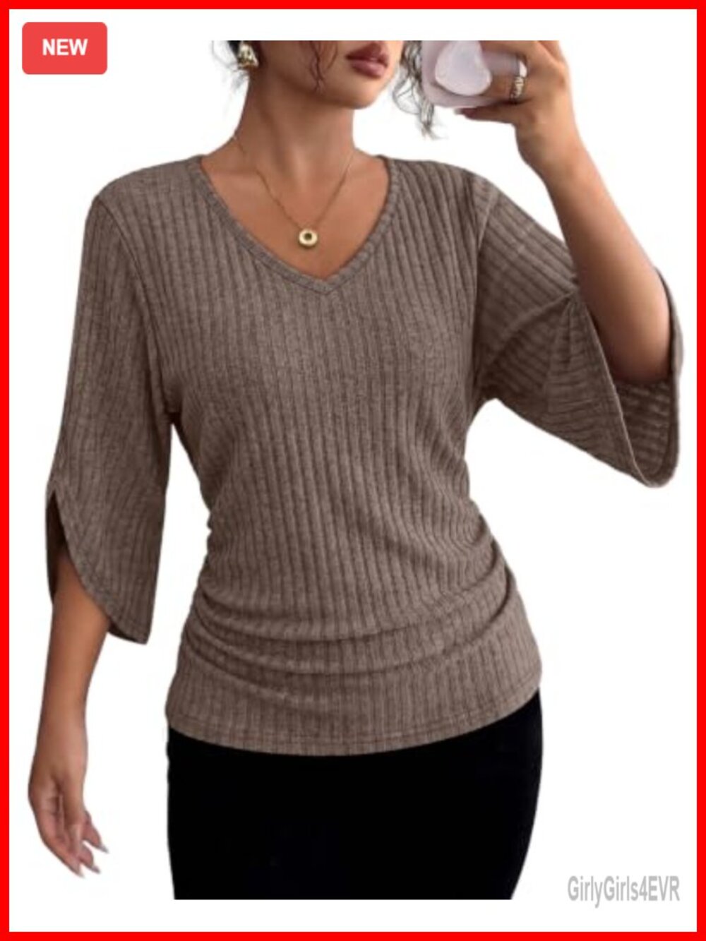 Ribbed Knit V-Neck Top 3/4 Sleeve Slim Fit Casual Blouse